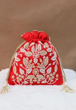 Hand Embroidered Art Silk Potli Bag in Red