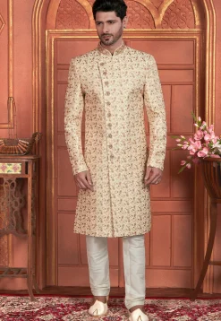 Hand Embroidered Art Silk Sherwani in Beige