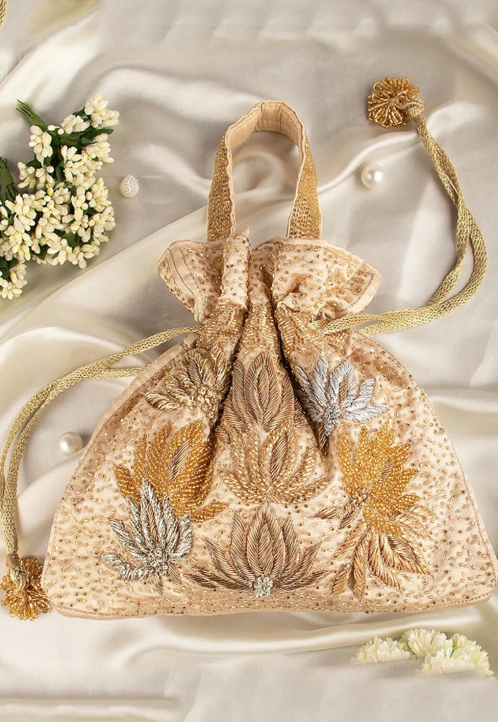 Hand Embroidered Art Silk Potli Bag in Beige