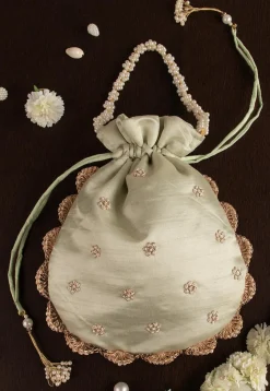 Hand Embroidered Art Silk Potli Bag in Pastel Green