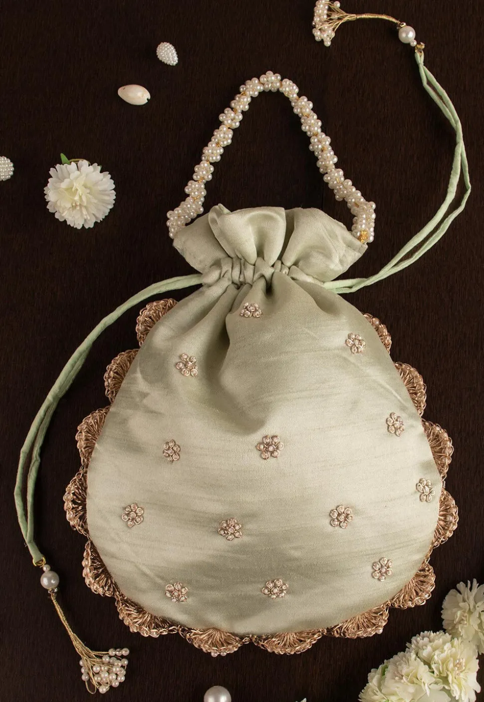 Hand Embroidered Art Silk Potli Bag in Pastel Green