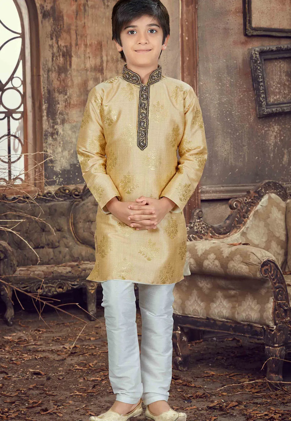 Hand Embroidered Art Silk Kurta Set in Light Beige