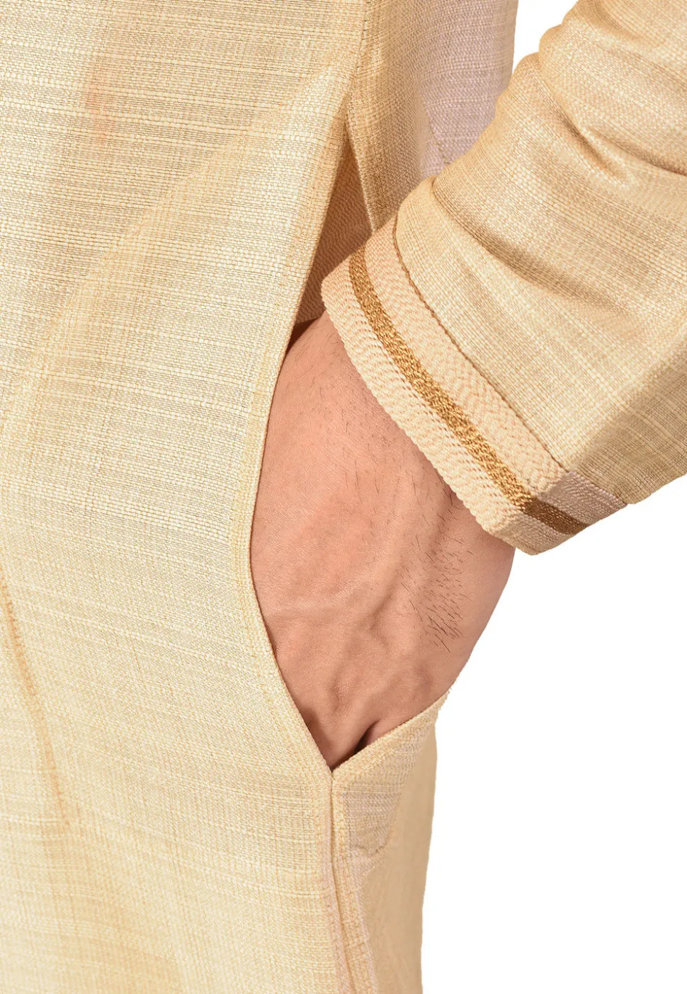 Hand Embroidered Art Silk Kurta Set in Light Beige