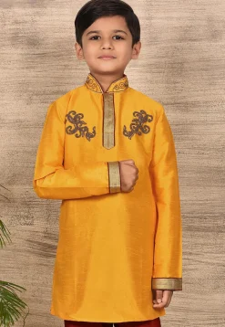 Hand Embroidered Art Silk Kurta Set in Mustard