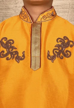 Hand Embroidered Art Silk Kurta Set in Mustard