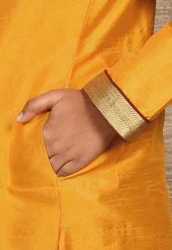 Hand Embroidered Art Silk Kurta Set in Mustard