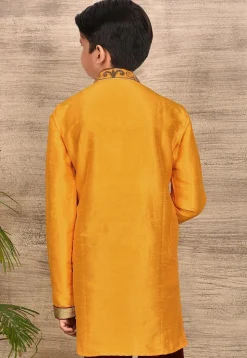 Hand Embroidered Art Silk Kurta Set in Mustard