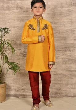 Hand Embroidered Art Silk Kurta Set in Mustard