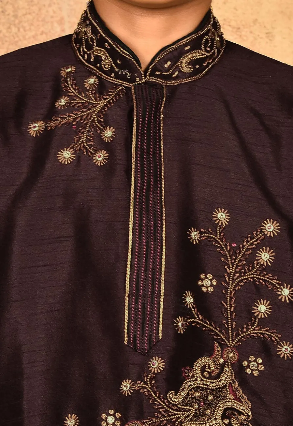 Hand Embroidered Art Silk Kurta in Wine