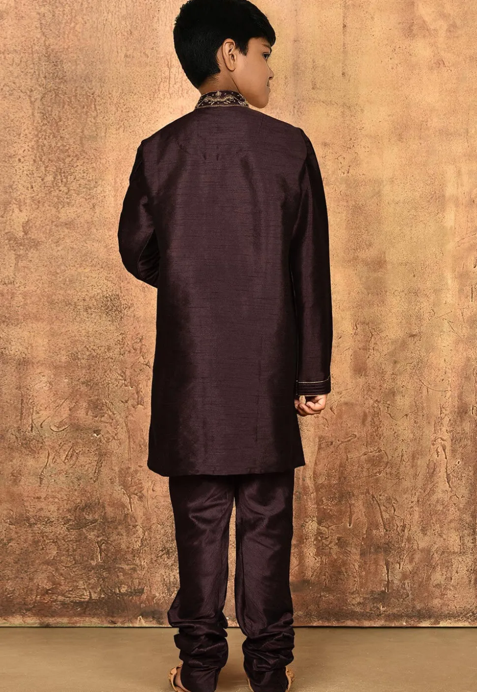 Hand Embroidered Art Silk Kurta in Wine