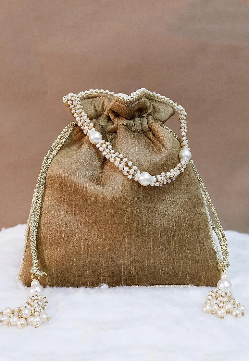 Hand Embroidered Art Silk Potli Bag in Copper Brown