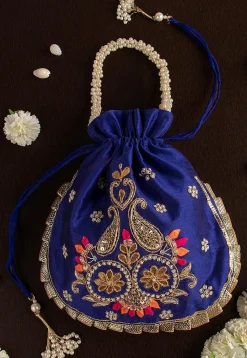 Hand Embroidered Art Silk Potli Bag in Royal Blue