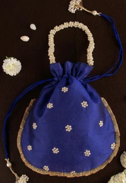 Hand Embroidered Art Silk Potli Bag in Royal Blue