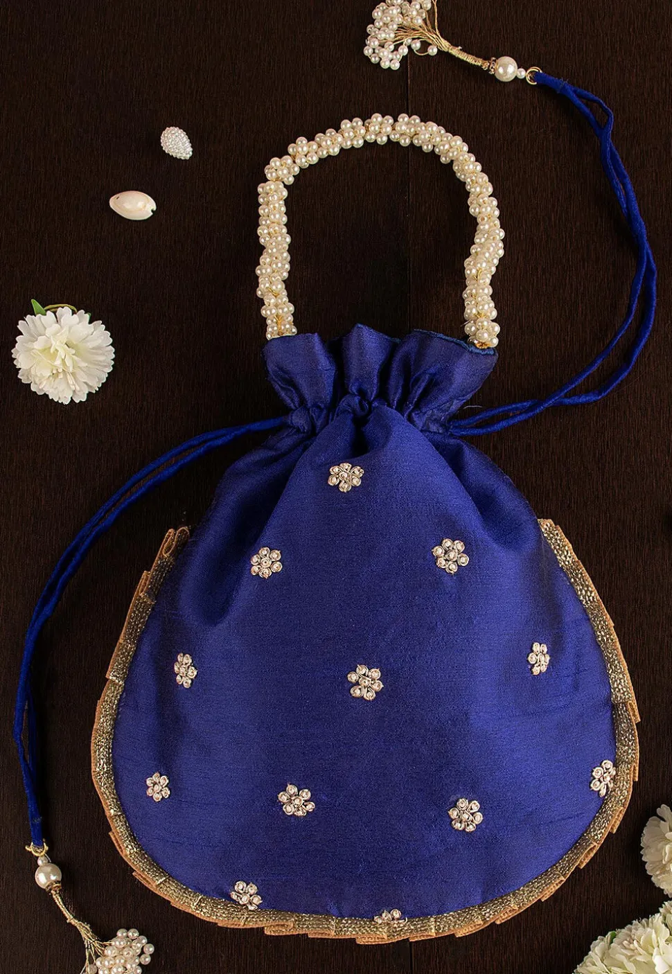 Hand Embroidered Art Silk Potli Bag in Royal Blue