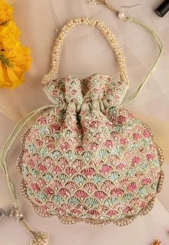 Hand Embroidered Art Silk Potli Bag in Pastel Green