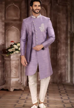 Hand Embroidered Art Silk Asymmetric Sherwani in Light Purple