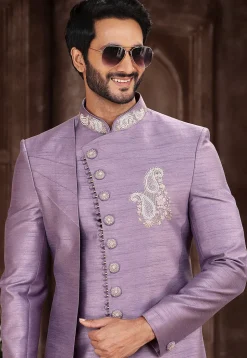 Hand Embroidered Art Silk Asymmetric Sherwani in Light Purple