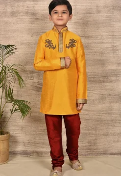 Hand Embroidered Art Silk Kurta in Mustard