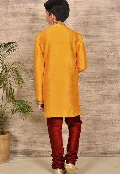 Hand Embroidered Art Silk Kurta in Mustard
