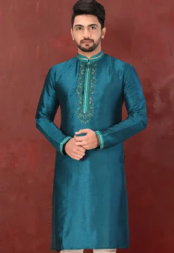 Hand Embroidered Art Silk Kurta in Teal Blue