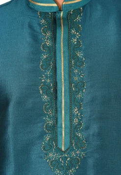 Hand Embroidered Art Silk Kurta in Teal Blue