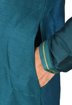 Hand Embroidered Art Silk Kurta in Teal Blue