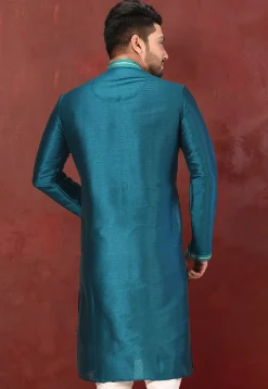 Hand Embroidered Art Silk Kurta in Teal Blue