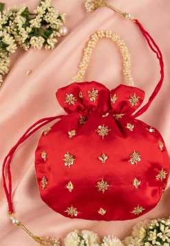 Hand Embroidered Art Silk Potli Bag in Red