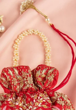 Hand Embroidered Art Silk Potli Bag in Red