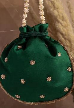 Hand Embroidered Art Silk Potli Bag in Dark Green