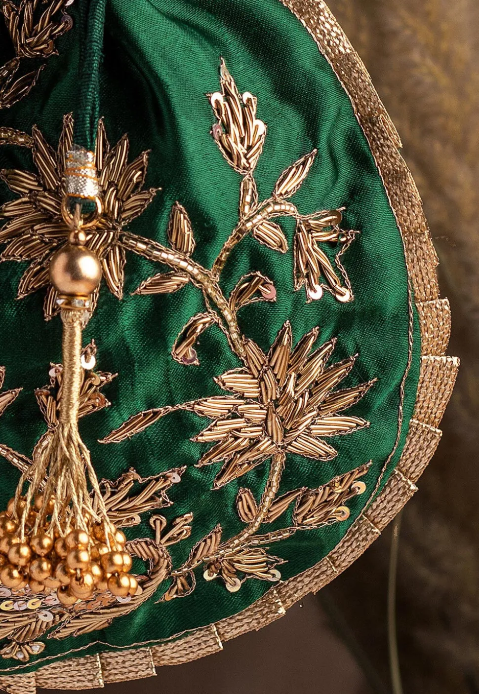Hand Embroidered Art Silk Potli Bag in Dark Green