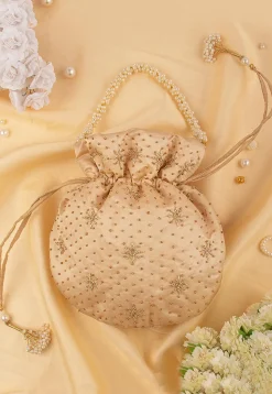 Hand Embroidered Art Silk Potli Bag in Dark Beige