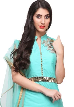 Hand Embroidered Art Silk Lehenga in Turquoise