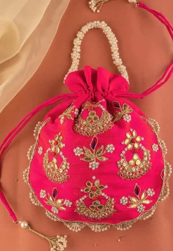Hand Embroidered Art Silk Potli Bag in Fuchsia