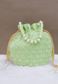 Hand Embroidered Art Silk Potli Bag in Light Green