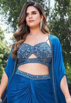 Hand Embroidered Art Silk Crop Top Set in Teal Blue