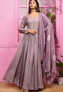 Hand Embroidered Art Silk Gown with Attached Dupatta in Purple