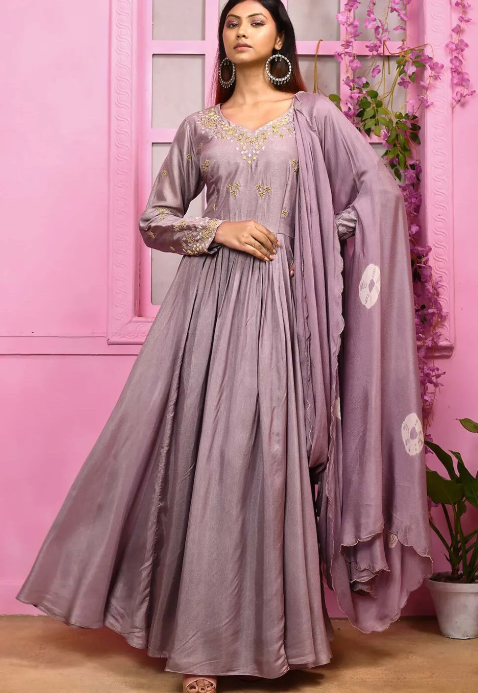 Hand Embroidered Art Silk Gown with Attached Dupatta in Purple