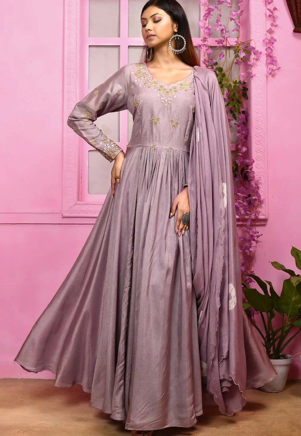 Hand Embroidered Art Silk Gown with Attached Dupatta in Purple