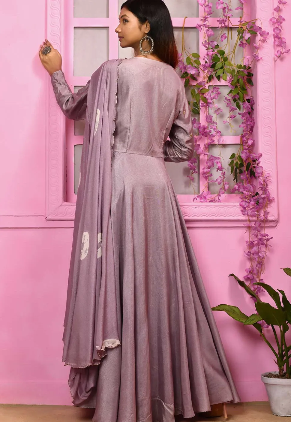 Hand Embroidered Art Silk Gown with Attached Dupatta in Purple