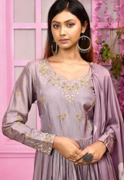 Hand Embroidered Art Silk Gown with Attached Dupatta in Purple