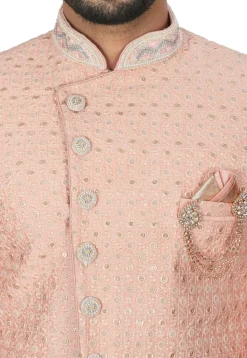 Hand Embroidered Art Silk Asymmteric Sherwani in Light Peach