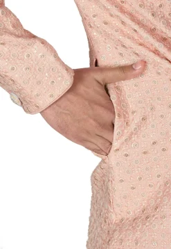 Hand Embroidered Art Silk Asymmteric Sherwani in Light Peach