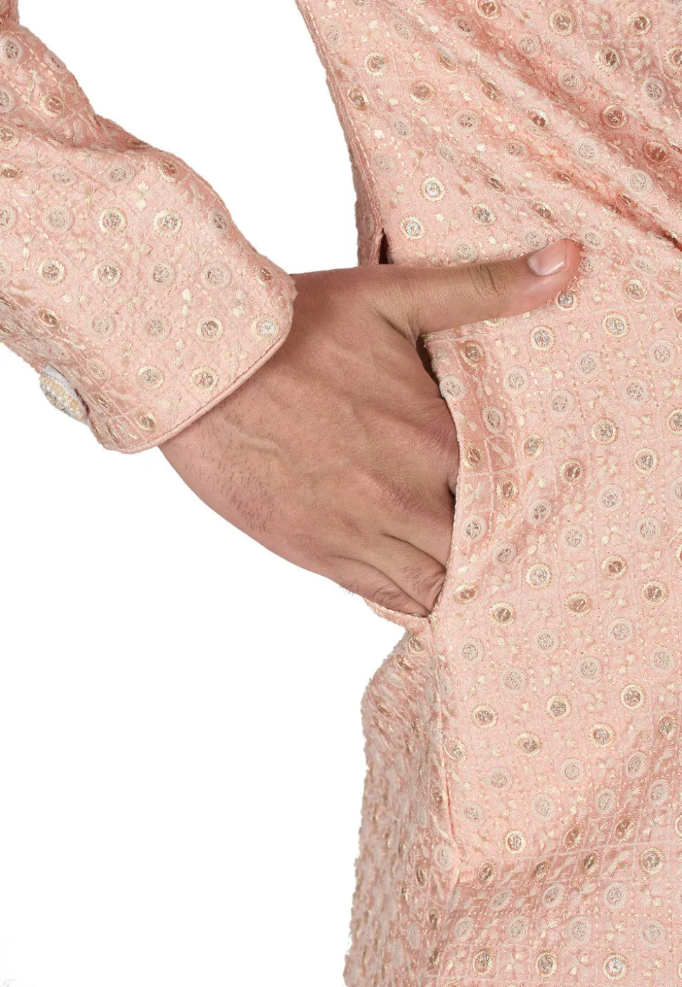 Hand Embroidered Art Silk Asymmteric Sherwani in Light Peach