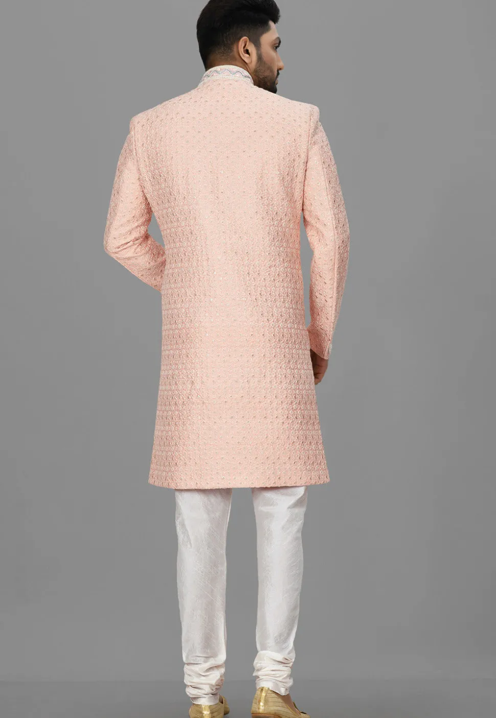 Hand Embroidered Art Silk Asymmteric Sherwani in Light Peach