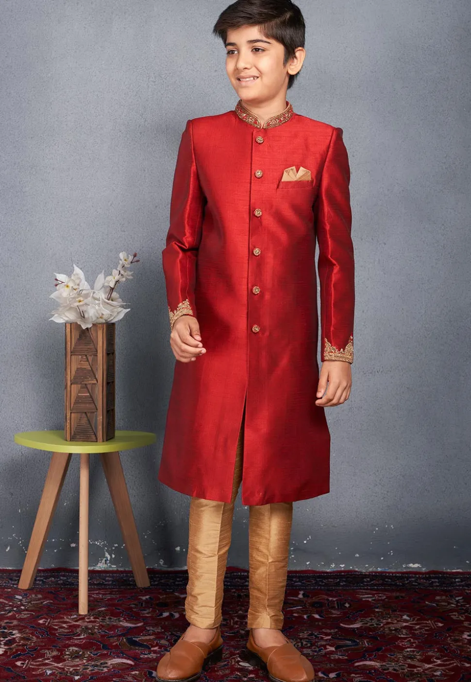 Hand Embroidered Art Silk Sherwani in Red