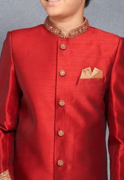 Hand Embroidered Art Silk Sherwani in Red
