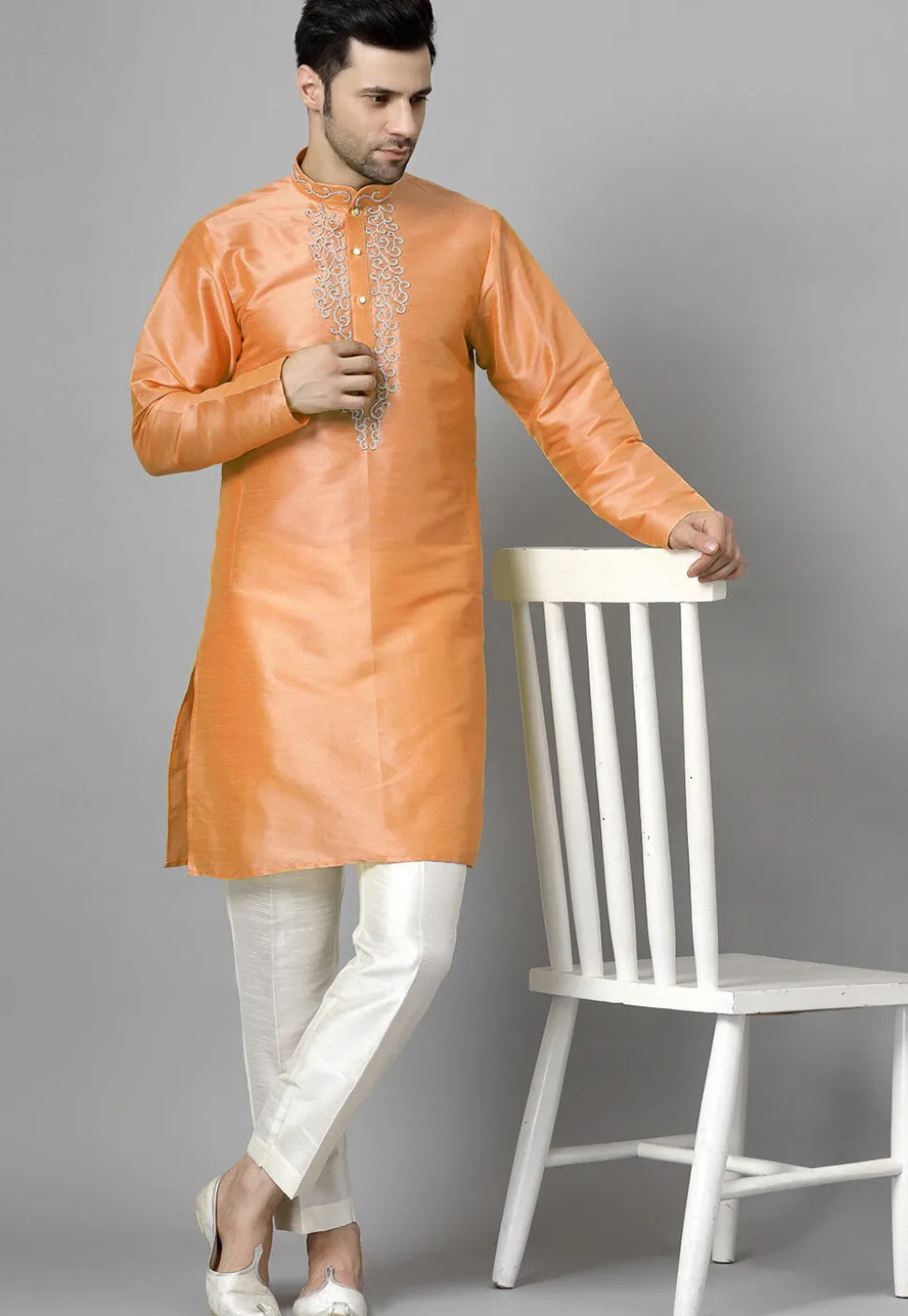 Hand Embroidered Art Silk Kurta Set in Orange