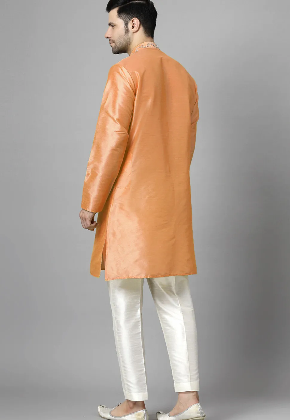 Hand Embroidered Art Silk Kurta Set in Orange
