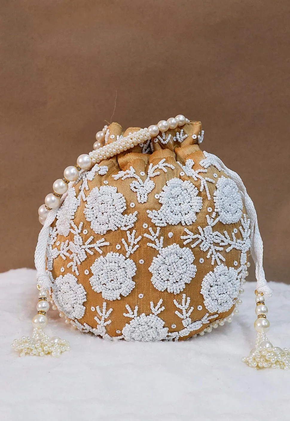Hand Embroidered Art Silk Potli Bag in Beige